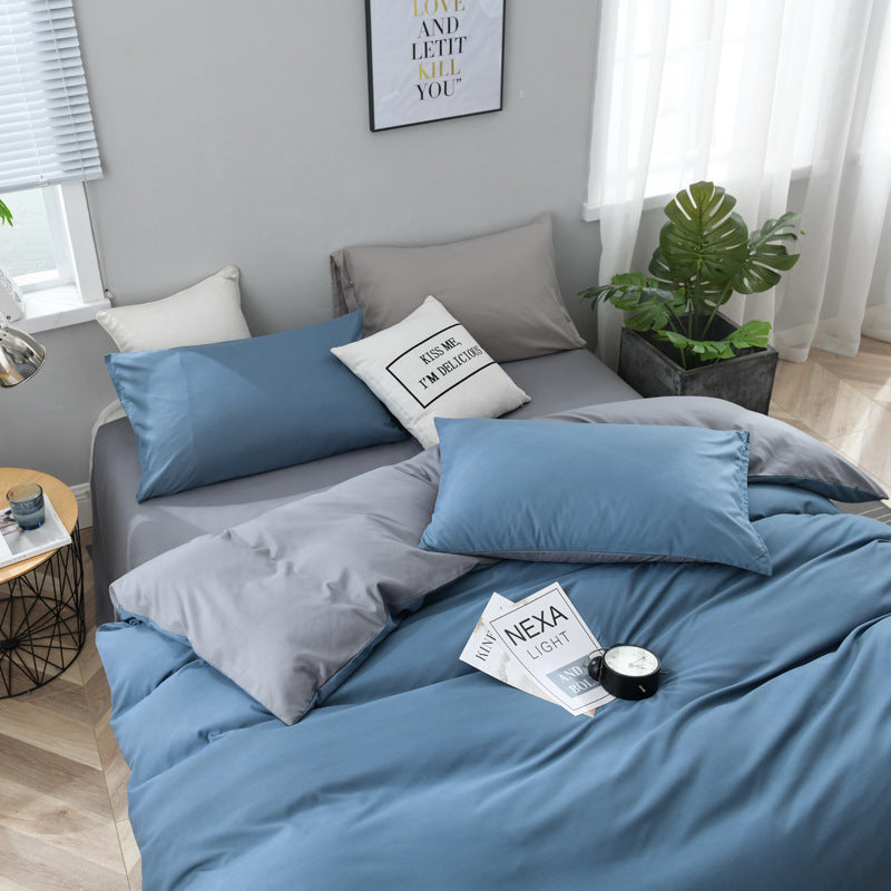 Gray And Blue Stitching Ultra-Soft Solid Color 4-Piece Bedding Set - Queen Size(Suitable for 2m bed)