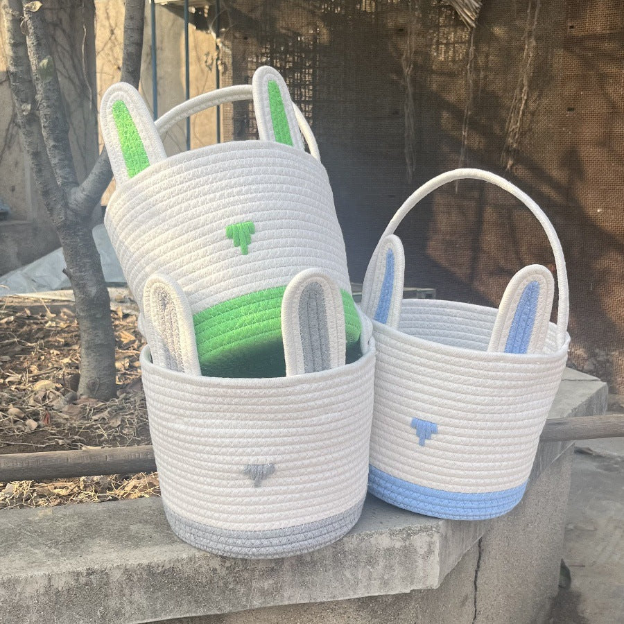 Purple And White Stitching Charming Easter Egg Tote Basket - Cute Rabbit-Themed Handwoven Cotton Rope Candy Holder