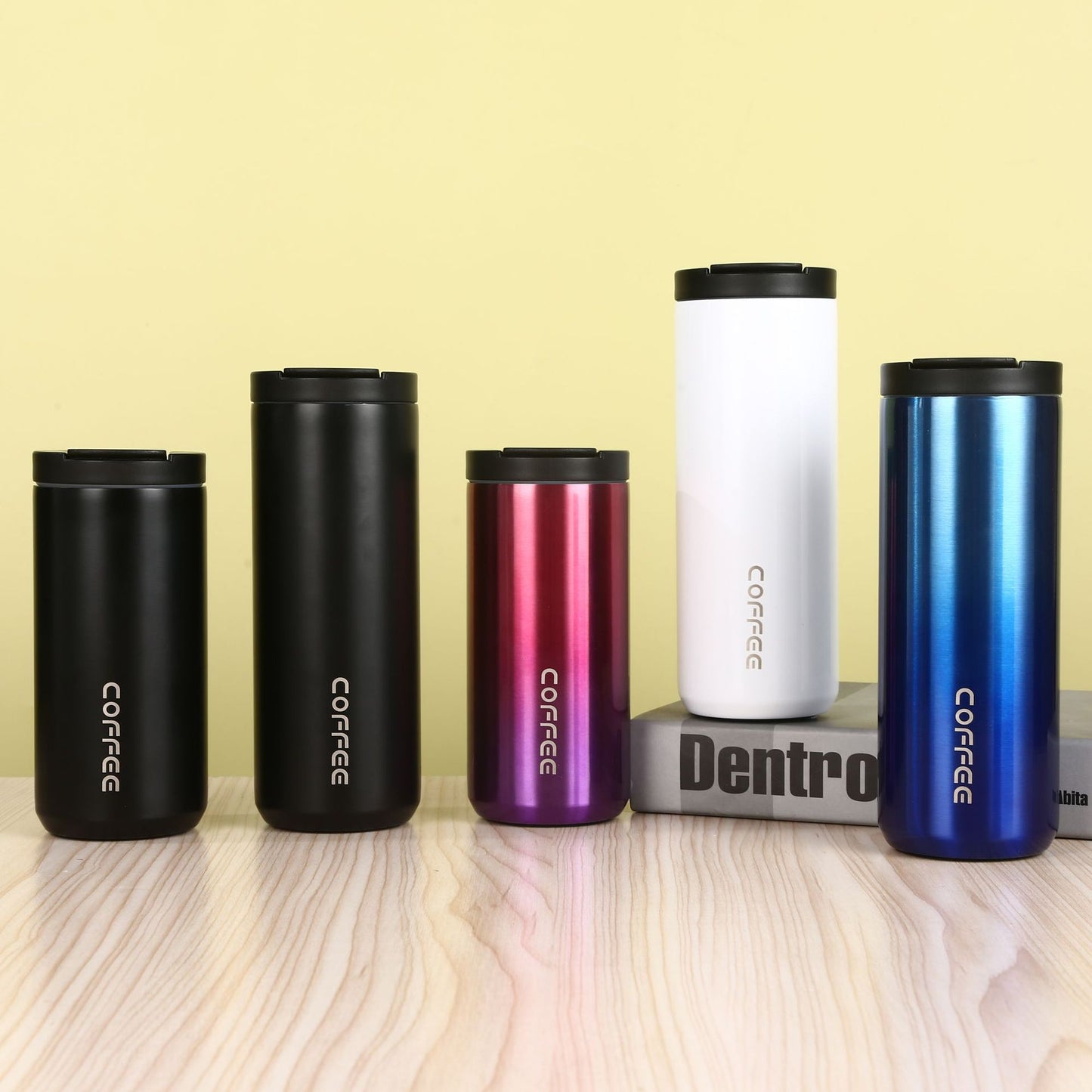 Black Sleek Insulated Stainless Steel Coffee Tumbler Set (400ml & 500ml) - One-Touch Lid Travel Mugs