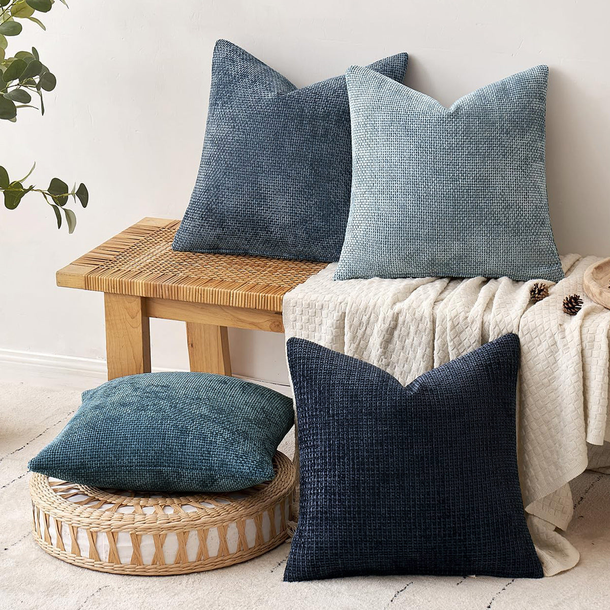 Beige Plush Chenille Cushion Covers Set of 2 - Soft Textured Decorative Throw Pillow Cases for Sofa Couch, 45x45cm