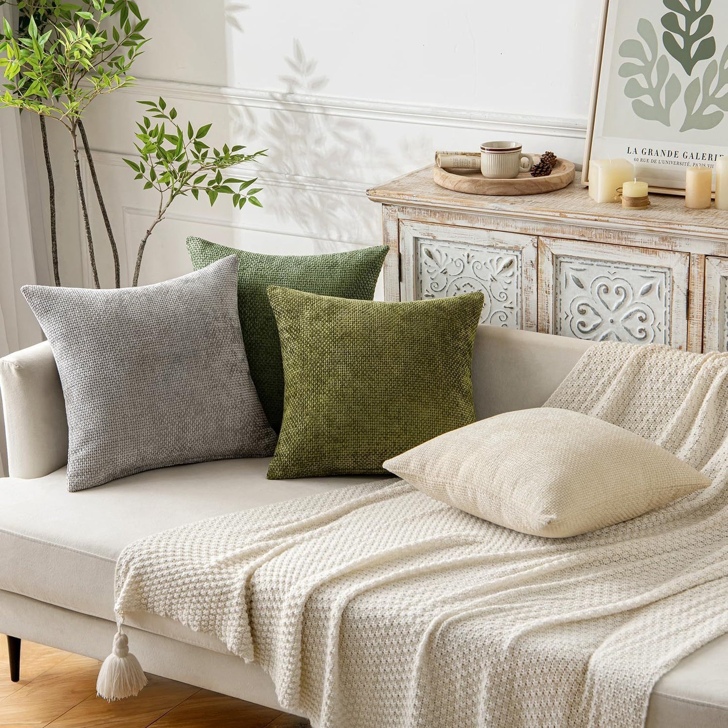 Grey Plush Chenille Cushion Covers Set of 2 - Soft Textured Decorative Throw Pillow Cases for Sofa Couch, 45x45cm