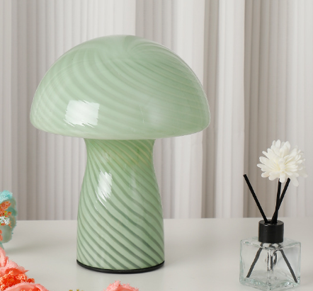 Stripe-Pure Green Retro Swirl Glass Mushroom Table Lamp - LED Bedside Night Light