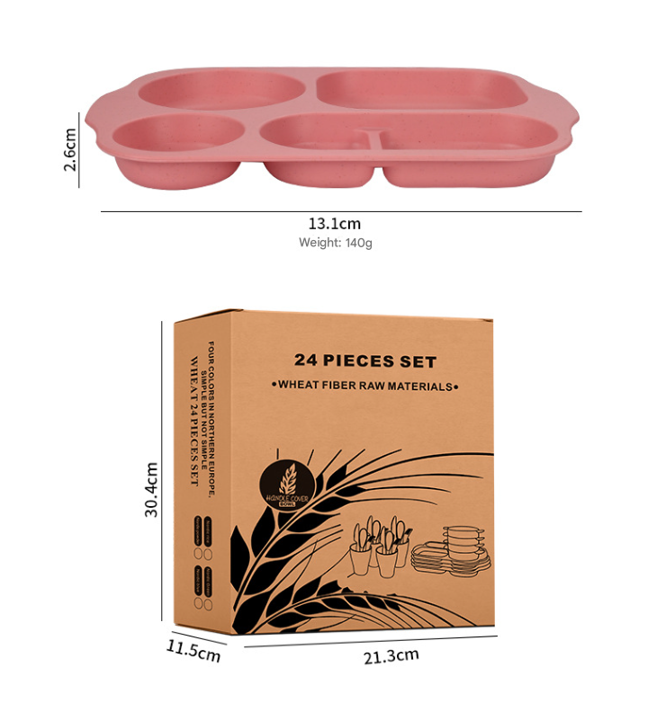 Scandinavian 4-colour Durable Eco-Friendly Wheat Straw Dinnerware Set - 24 Pieces with Plates, Bowls, Cups & Cutlery