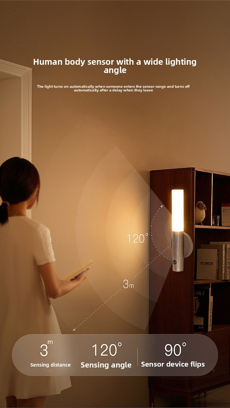 Matte Black Motion Sensor Night Light LED Rechargeable Magnetic Stick Wall Lamp Smart Wireless Batten for Hallway Staircase Modern Style Warm White