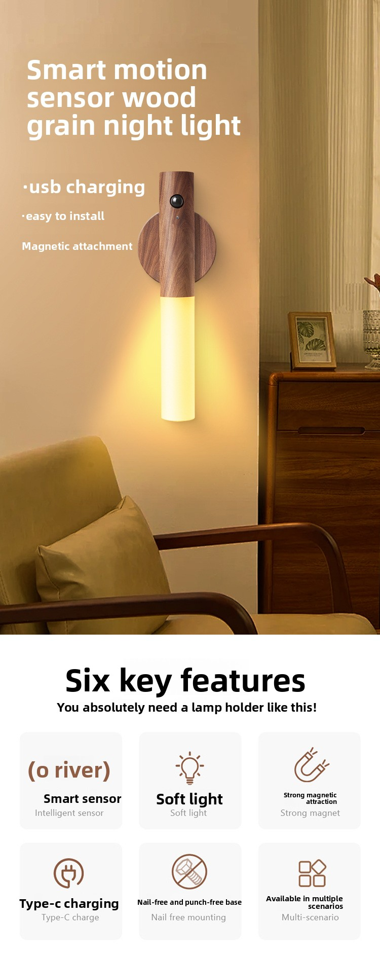 White Motion Sensor Night Light LED Rechargeable Magnetic Stick Wall Lamp Smart Wireless Batten for Hallway Staircase Nursery Warm White