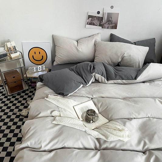Haze gray Washed Cotton Bedding Set - Solid Color Fitted Sheet Style, 4-Piece Set for 1.5m Bed, Includes 10 Random Color Quilt Fasteners(1.5m)