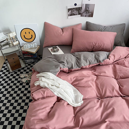Light grey and pink Washed Cotton Bedding Set - Solid Color Fitted Sheet Style, 4-Piece Set for 1.5m Bed, Includes 10 Random Color Quilt Fasteners(1.5m)