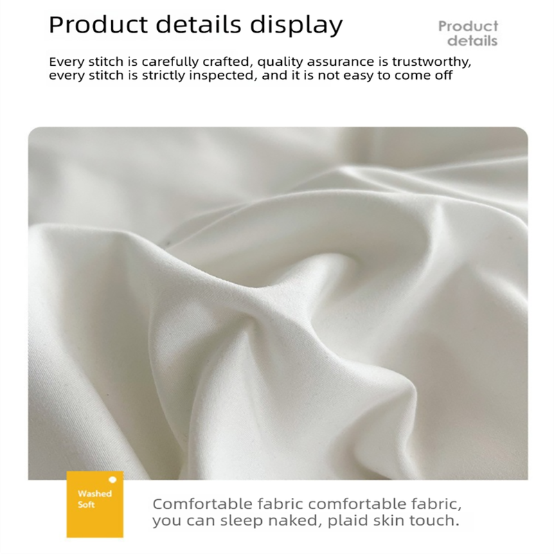 White and Dark Grey Washed Cotton Bedding Set - Solid Color Fitted Sheet Style, 4-Piece Set for 1.8m Bed, Includes 10 Random Color Quilt Fasteners