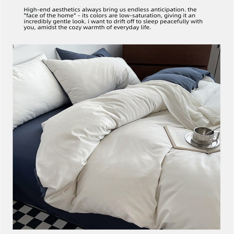 Black Washed Cotton Bedding Set - Solid Color Fitted Sheet Style, 4-Piece Set for 1.8m Bed, Includes 10 Random Color Quilt Fasteners