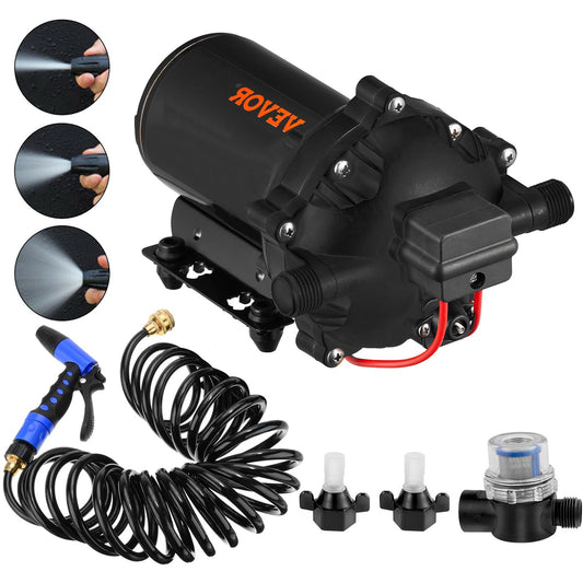 VEVOR RV Water Pump 5.3 GPM 5.5 Gallons Per Minute 12V Water Pump Automatic 70 PSI Diaphragm Pump with 25 Foot Coiled Hose Washdown Pumps for Boats Caravan Rv Marine Yacht
