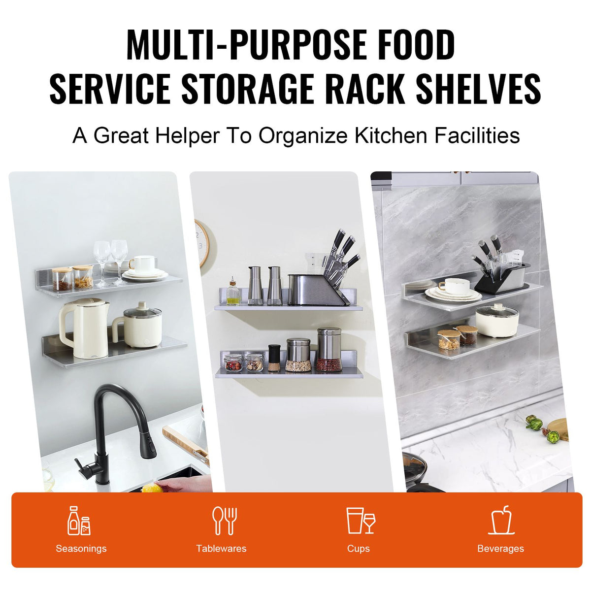 8.6" x 24" Stainless Steel Shelf, Wall Mounted Floating Shelving with Backsplash, 44 lbs Load Capacity Commercial Shelves, Heavy Duty Storage Rack for Restaurant, Kitchen, Bar, Home, and Hotel (2 Packs)