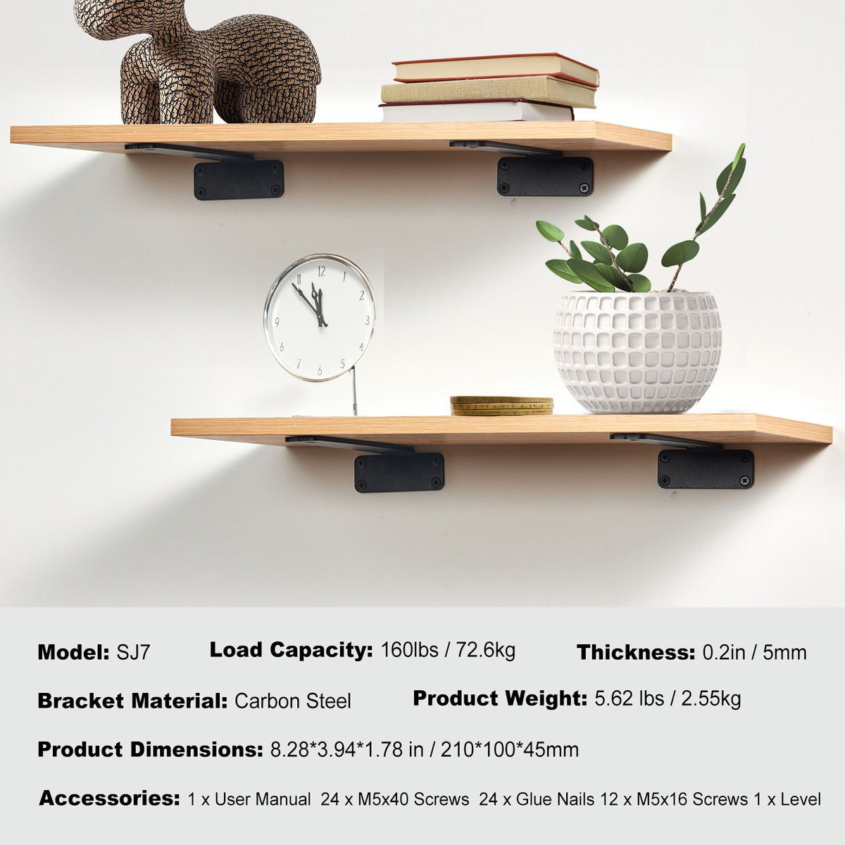Shelf Bracket, 21cmL x 10cmW x 4.5cmH 6 Pcs, Heavy Duty Floating Shelf Brackets, Brackets for Shelves, 5mm Thick Matte Black L Shelf Bracket,Steel Shelving Brackets with 72.6 kg Load Capacity