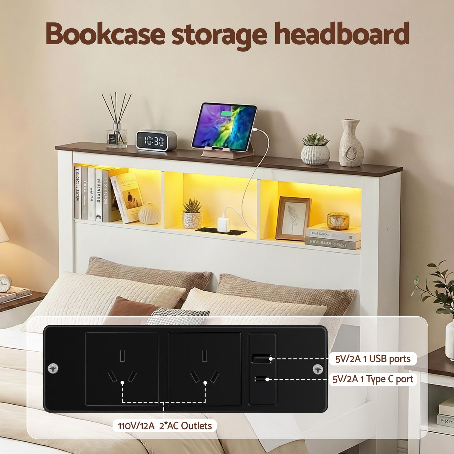Artiss Queen Bed Frame with Storage Bookcase Headboard and Footboard White Wooden Platform Bed with Charging Station and Led Light Bedroom Furniture