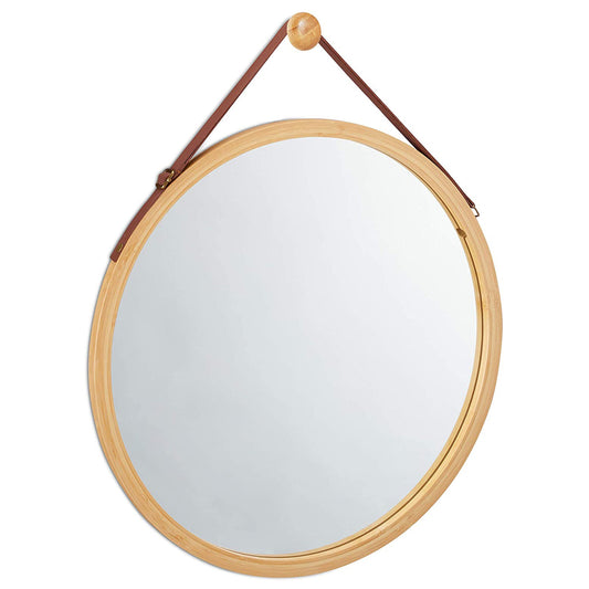 Hanging Round Wall Mirror 38 cm - Solid Bamboo Frame and Adjustable Leather Strap for Bathroom and Bedroom
